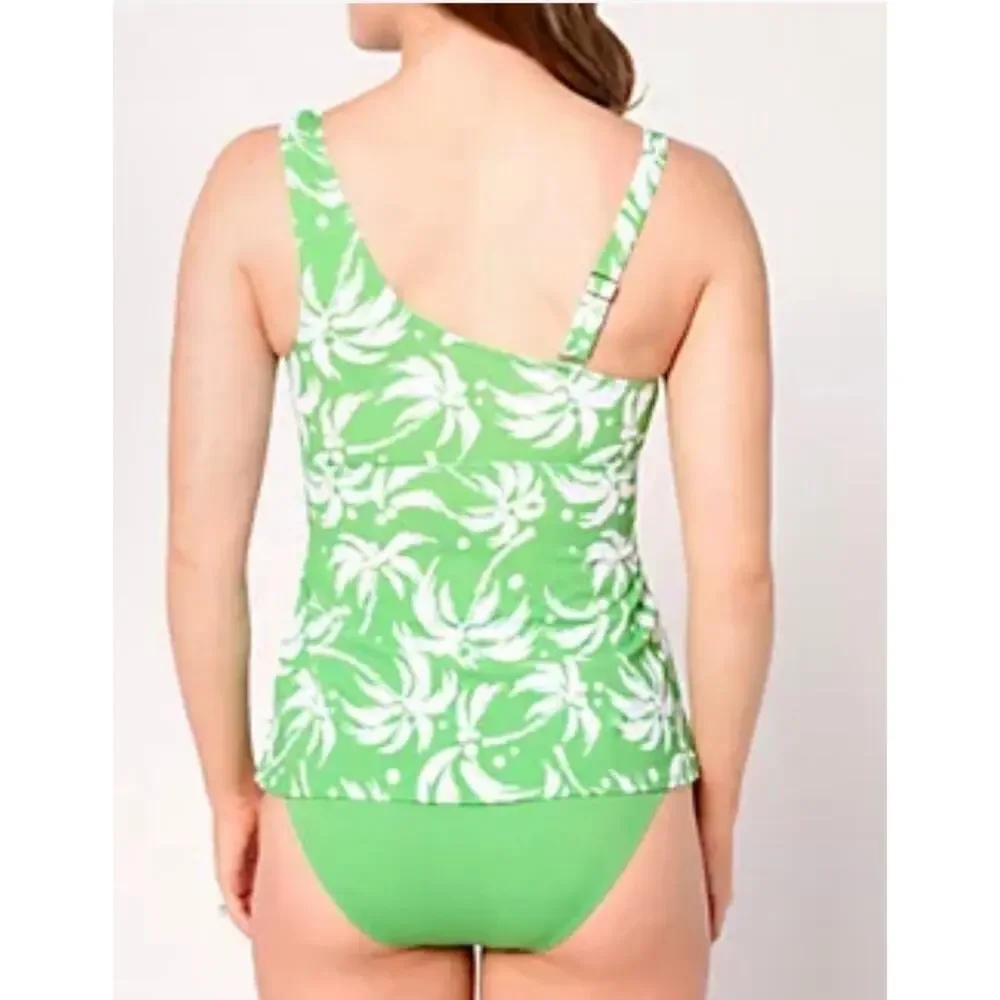 Susan graver Soleil 2 piece one shoulder swimsuit size 26 W green Palm trees